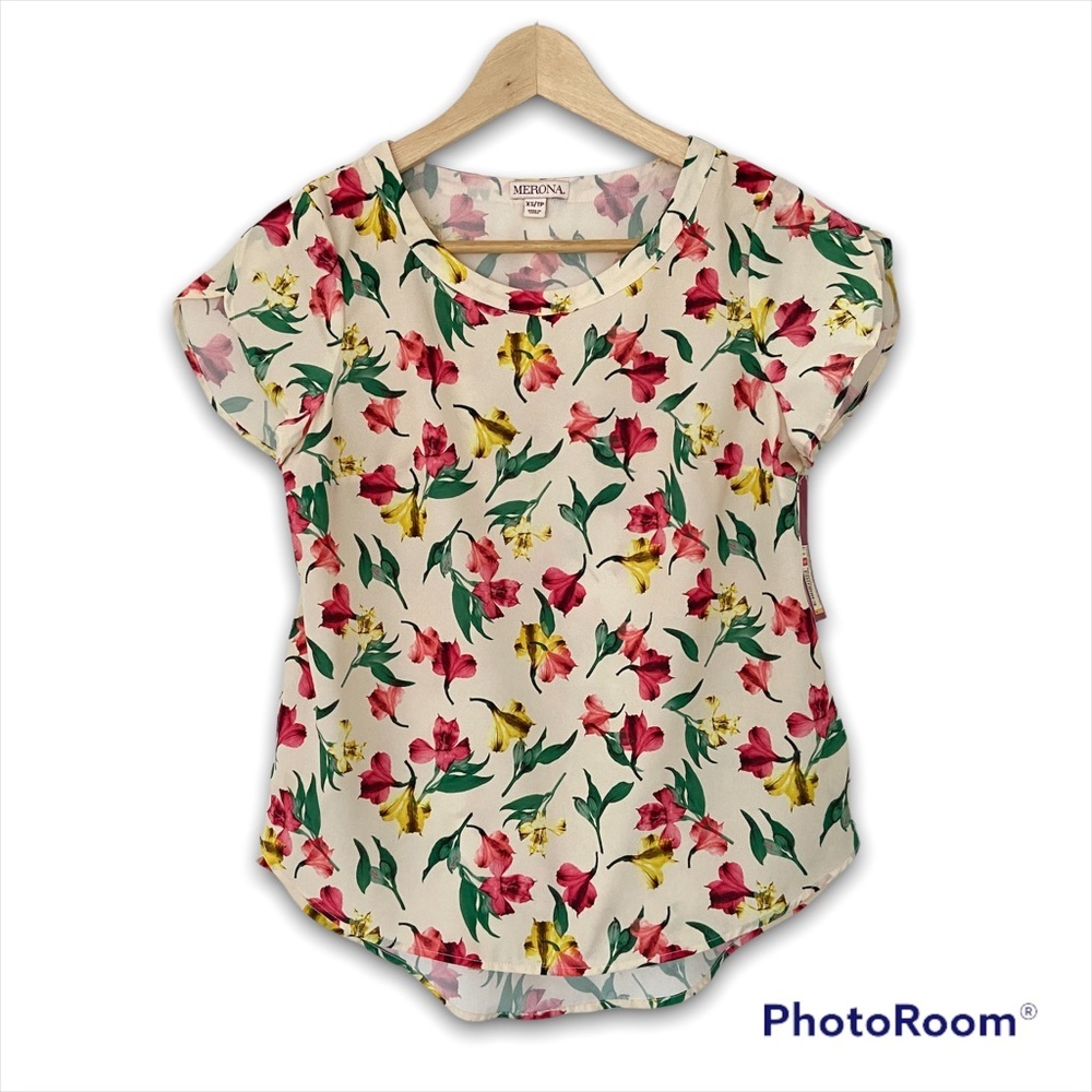 MERONA CREAM/GREEN/YELLOW/PINK FLORAL FLOATY TOP/BLOUSE WITH TULIP SLEEVES-XS